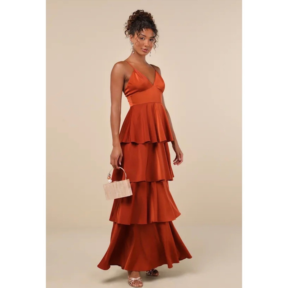 Lulus Rust Orange Satin Tiered Maxi Dress V-Neck Adjustable Straps Size Small